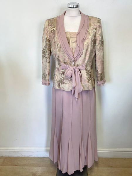 LUIS CIVIT DUSKY PINK & PALE GOLD BROCADE TOP, FITTED JACKET & LONG SKIRT OUTFIT SIZE 14