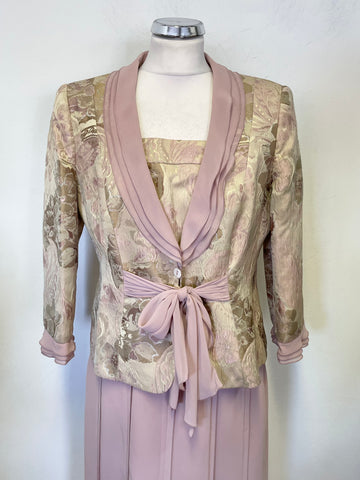 LUIS CIVIT DUSKY PINK & PALE GOLD BROCADE TOP, FITTED JACKET & LONG SKIRT OUTFIT SIZE 14