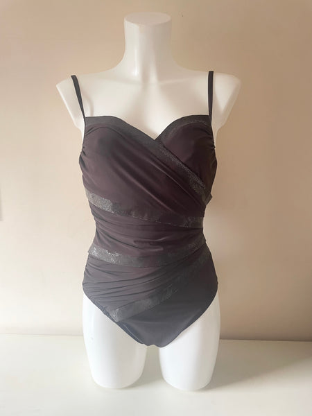 MIRACLESUIT BROWN SNAKESKIN SHIMMER SKIN TRIM SLIMMING SWIMSUIT SIZE 12