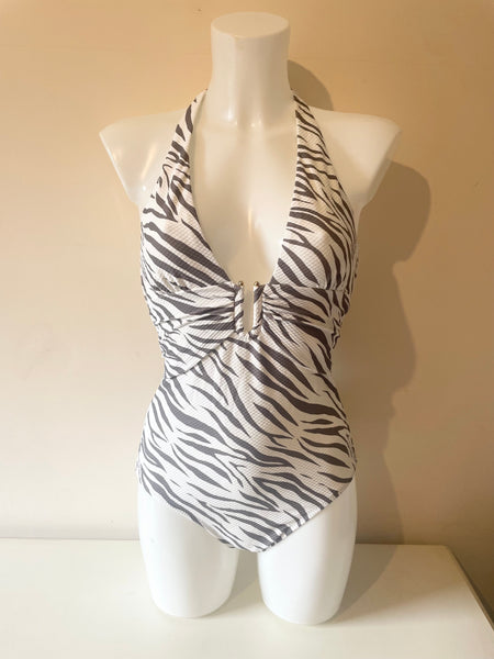 DESIGNER HEIDI KLEIN GREY & WHITE DESIGN HALTER NECK SWIMSUIT SIZE M