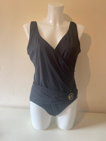 MICHAEL KORS BLACK WRAP ACROSS BUST LOGO TRIM SWIMSUIT SIZE 14 UK 18