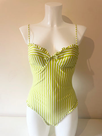 PAUL SMITH LIME GREEN & WHITE STRIPED SWIMSUIT SIZE L /44 UK 12