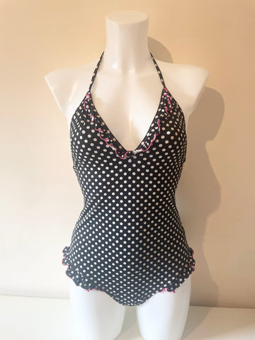 PAUL SMITH BLACK & WHITE SPOT FRILL TRIM HALTER NECK SWIMSUIT SIZE 2 UK XS