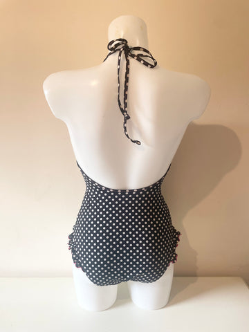 PAUL SMITH BLACK & WHITE SPOT FRILL TRIM HALTER NECK SWIMSUIT SIZE 2 UK XS