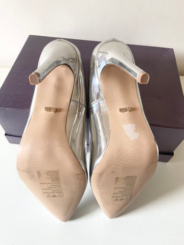 BRAND NEW WITH DEFECTS FAITH SILVER METALLIC HIGH HEELS SIZE 7/40 WIDE FIT