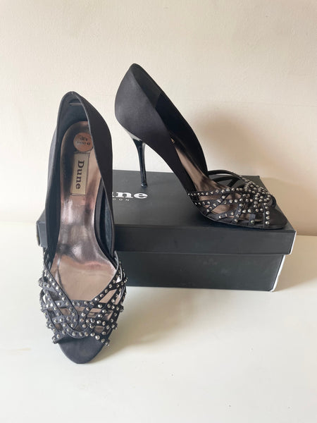 DUNE BLACK SATIN RHINESTONE TRIM OPEN TOE HEELS SIZE 8/42