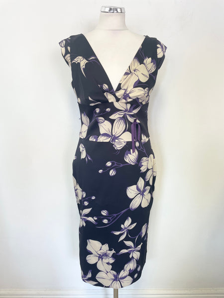 KAREN MILLEN NAVY, PURPLE & IVORY FLORAL PRINT CAP SLEEVED PENCIL DRESS SIZE 14