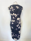 KAREN MILLEN NAVY, PURPLE & IVORY FLORAL PRINT CAP SLEEVED PENCIL DRESS SIZE 14