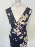 KAREN MILLEN NAVY, PURPLE & IVORY FLORAL PRINT CAP SLEEVED PENCIL DRESS SIZE 14