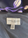 KAREN MILLEN NAVY, PURPLE & IVORY FLORAL PRINT CAP SLEEVED PENCIL DRESS SIZE 14