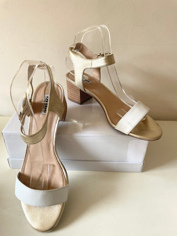 DUNE WHITE & GOLD LEATHER BLOCK HEEL SANDALS SIZE 7/40