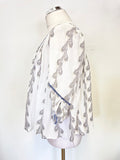 DESIGNER THIERRY COLSON WHITE WITH BLACK & BEIGE FEATHER PRINT PHEASANT TOP SIZE S