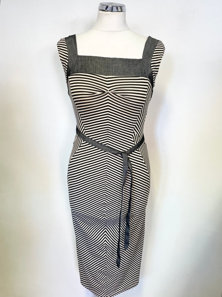 SPORTMAX GREY & IVORY STRIPE SLEEVELESS PENCIL DRESS SIZE S