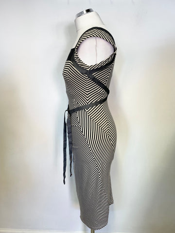 SPORTMAX GREY & IVORY STRIPE SLEEVELESS PENCIL DRESS SIZE S