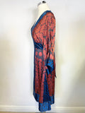 TIBI ELECTRIC BLUE & TERRACOTTA PRINT 100% SILK WIDE 3/4 SLEEVE DRESS SIZE 2 UK 10