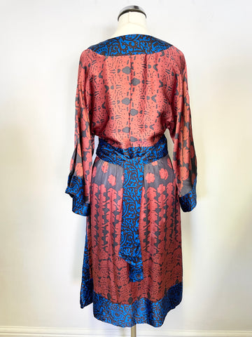 TIBI ELECTRIC BLUE & TERRACOTTA PRINT 100% SILK WIDE 3/4 SLEEVE DRESS SIZE 2 UK 10