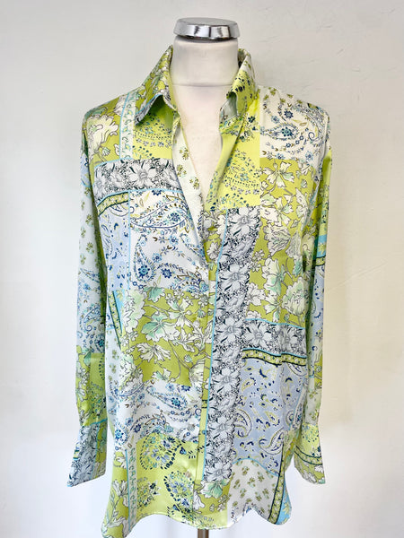 RAND NEW ZARA LIGHT BLUE ,WHITE & LIME GREEN FLORAL PRINT COLLARED LONG SLEEVED SATIN BLOUSE SIZE M