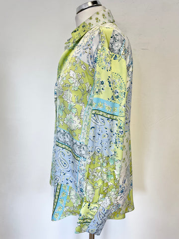 RAND NEW ZARA LIGHT BLUE ,WHITE & LIME GREEN FLORAL PRINT COLLARED LONG SLEEVED SATIN BLOUSE SIZE M