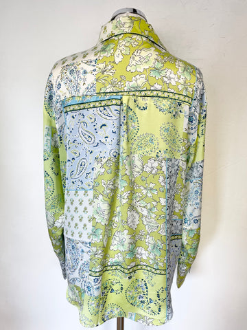 RAND NEW ZARA LIGHT BLUE ,WHITE & LIME GREEN FLORAL PRINT COLLARED LONG SLEEVED SATIN BLOUSE SIZE M