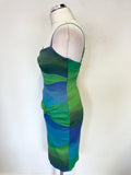 KAREN MILLEN BLUE & GREEN COLOUR BLOCK FINE STRAP PENCIL DRESS SIZE 10