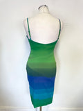 KAREN MILLEN BLUE & GREEN COLOUR BLOCK FINE STRAP PENCIL DRESS SIZE 10