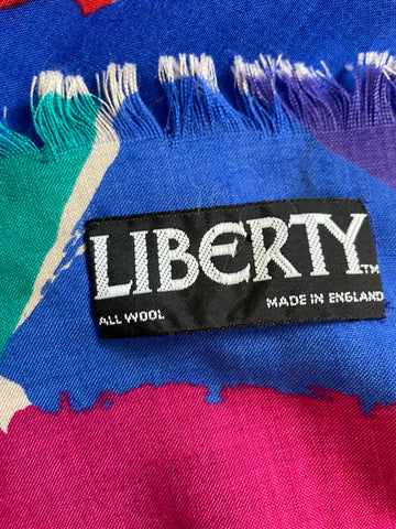 VINTAGE LIBERTY 100% WOOL MULTICOLOURED FRINGED LARGE SQUARE SCARF /WRAP