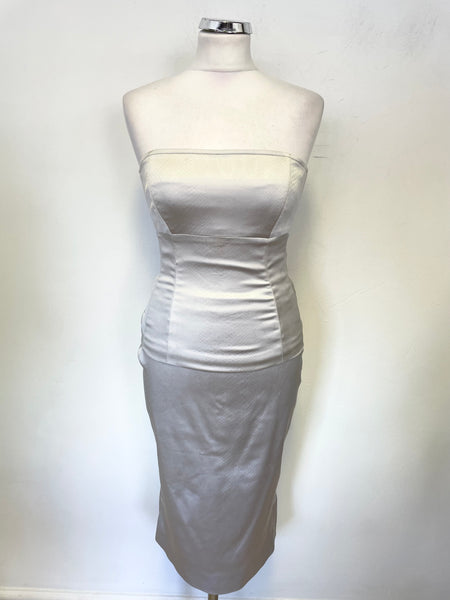 KAREN MILLEN SILVER STRAPLESS TOP & PENCIL SKIRT SET SIZE 10/12