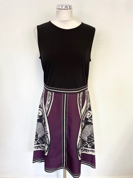 DKNY BLACK, IVORY & AUBERGINE PRINT SLEEVELESS A-LINE DRESS SIZE 8 UK 12