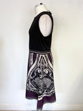 DKNY BLACK, IVORY & AUBERGINE PRINT SLEEVELESS A-LINE DRESS SIZE 8 UK 12