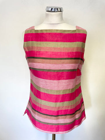 LK BENNETT PINK, GOLDEN BEIGE & GREY STRIPE SQUARE NECK SLEEVELESS TOP & SKIRT SET SIZE 8/10