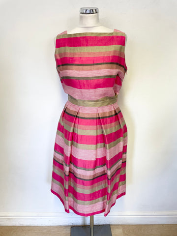 LK BENNETT PINK, GOLDEN BEIGE & GREY STRIPE SQUARE NECK SLEEVELESS TOP & SKIRT SET SIZE 8/10