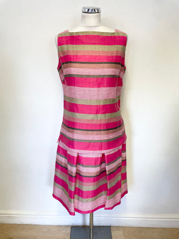 LK BENNETT PINK, GOLDEN BEIGE & GREY STRIPE SQUARE NECK SLEEVELESS TOP & SKIRT SET SIZE 8/10