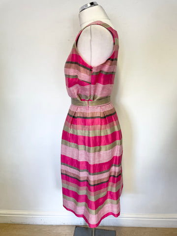 LK BENNETT PINK, GOLDEN BEIGE & GREY STRIPE SQUARE NECK SLEEVELESS TOP & SKIRT SET SIZE 8/10