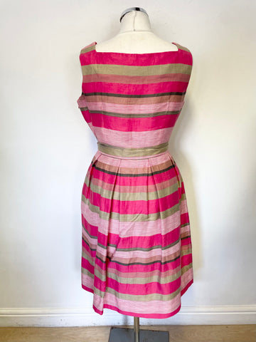 LK BENNETT PINK, GOLDEN BEIGE & GREY STRIPE SQUARE NECK SLEEVELESS TOP & SKIRT SET SIZE 8/10