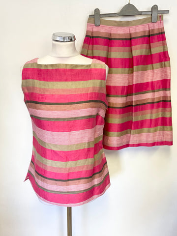 LK BENNETT PINK, GOLDEN BEIGE & GREY STRIPE SQUARE NECK SLEEVELESS TOP & SKIRT SET SIZE 8/10