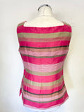 LK BENNETT PINK, GOLDEN BEIGE & GREY STRIPE SQUARE NECK SLEEVELESS TOP & SKIRT SET SIZE 8/10