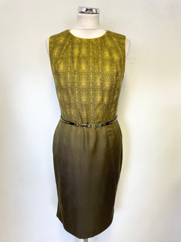 VINCE CAMUTO OLIVE GREEN & LIME PRINT SILK BLEND SLEEVELESS BELTED PENCIL DRESS  SIZE 6 UK 10