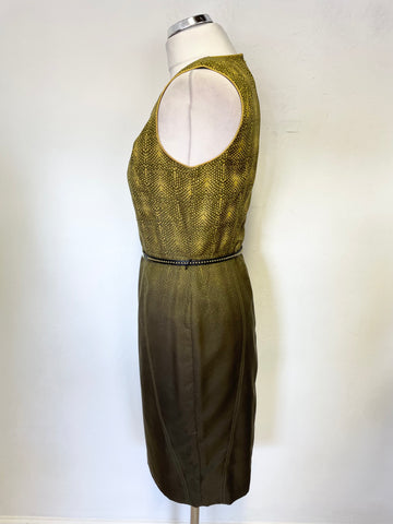 VINCE CAMUTO OLIVE GREEN & LIME PRINT SILK BLEND SLEEVELESS BELTED PENCIL DRESS  SIZE 6 UK 10