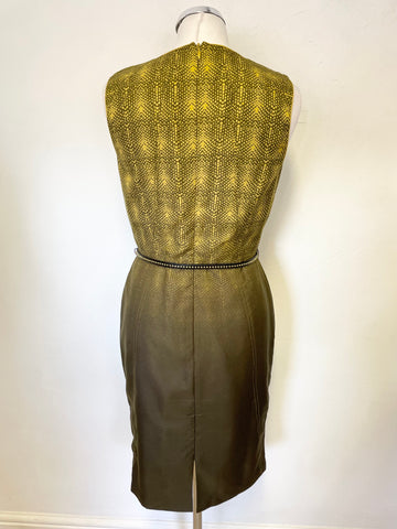 VINCE CAMUTO OLIVE GREEN & LIME PRINT SILK BLEND SLEEVELESS BELTED PENCIL DRESS  SIZE 6 UK 10