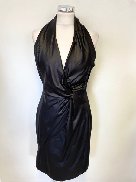 KAREN MILLEN BLACK V NECK DRAPED ORGANZA FRONT SLEEVELESS PENCIL DRESS SIZE 14