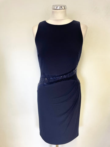 RALPH LAUREN NAVY SEQUIN TRIM SLEEVELESS PENCIL DRESS SIZE 4 UK 8