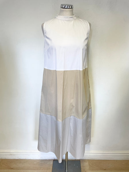 UCHUU WHITE, CREAM & BEIGE COLOUR BLOCK SLEEVELESS A-LINE MIDI DRESS  SIZE 1 UK S