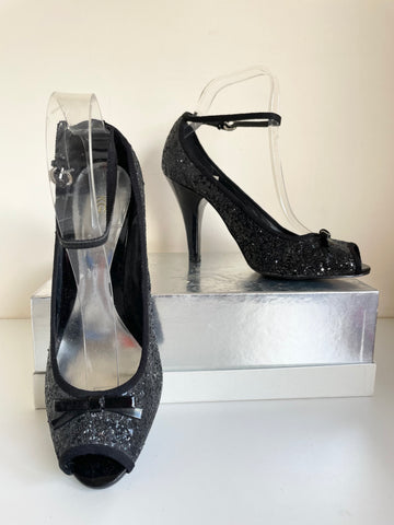 KURT GEIGER BLACK GLITTER OPEN TOE BOW TRIM ANKLE STRAP HEELS SIZE 6/39