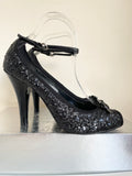 KURT GEIGER BLACK GLITTER OPEN TOE BOW TRIM ANKLE STRAP HEELS SIZE 6/39