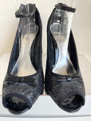 KURT GEIGER BLACK GLITTER OPEN TOE BOW TRIM ANKLE STRAP HEELS SIZE 6/39