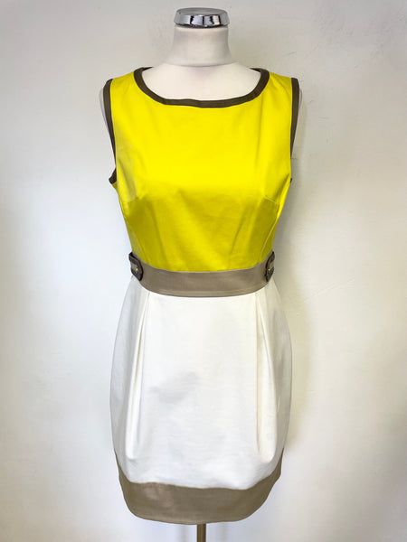 KAREN MILLEN YELLOW,BEIGE & IVORY COLOUR BLOCK COTTON SLEEVELESS DRESS SIZE 12