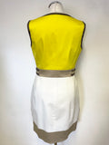 KAREN MILLEN YELLOW,BEIGE & IVORY COLOUR BLOCK COTTON SLEEVELESS DRESS SIZE 12