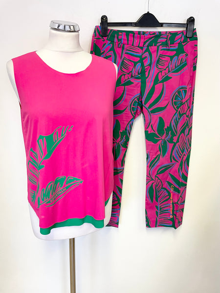 SPORTALM CERISE PINK & EMERALD GREEN & PRINT CROPPED TROUSER & SLEEVELESS TOP SET SIZE 8