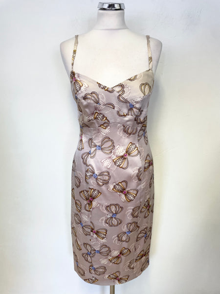 KAREN MILLEN SILK BLUSH PINK JEWEL BOW PRINT STRAP FINE STRAP PENCIL DRESS SIZE 12