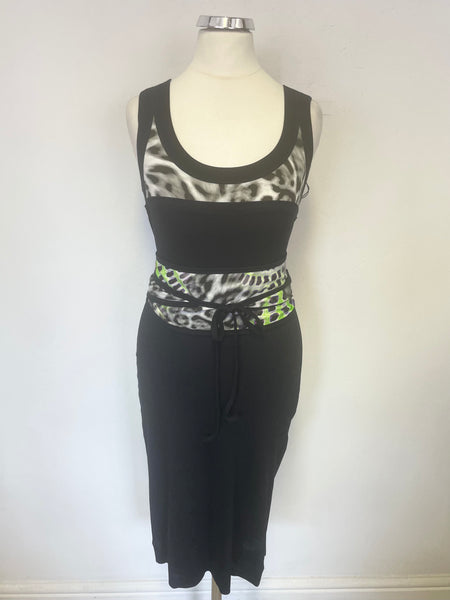 MARCCAIN SPORTS BLACK & MULTI PRINT BELTED SLEEVELESS STRETCH JERSEY DRESS SIZE 2 UK 10